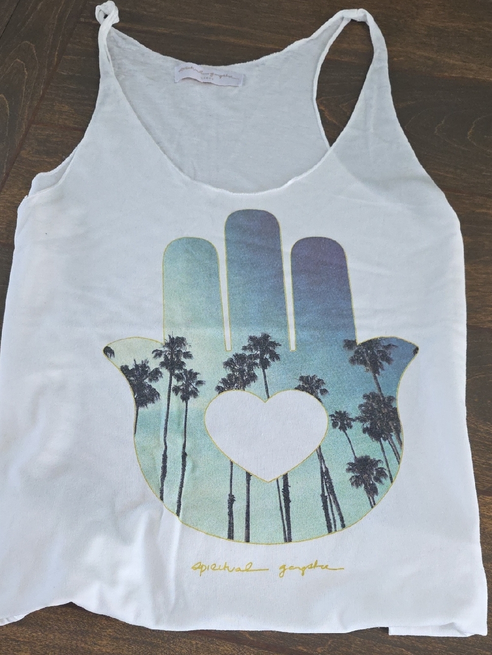 Spiritual Gangster White Tank Top with Blue-Green Palm Hamsa Graphic